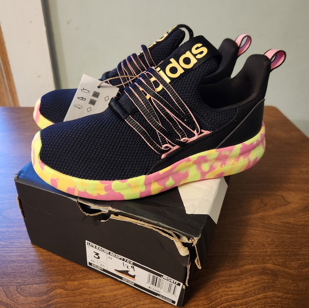 Adidas Lite Racer Adapt 3 Youth - lemon and pink colors with black. Slip-ons,NEW
